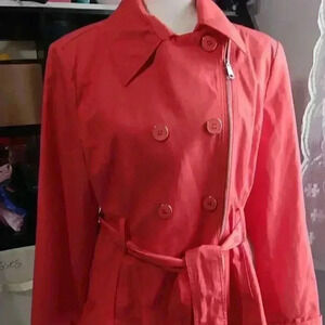 "BLACK RIVET" Ladies Belted Trench Coat Sz XLCoral‎ Color EUC